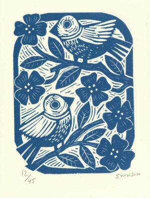 signed and numbered linocut print by kentucky artist, Ken Swinson. The linocut depicts two birds in flowering tree branches