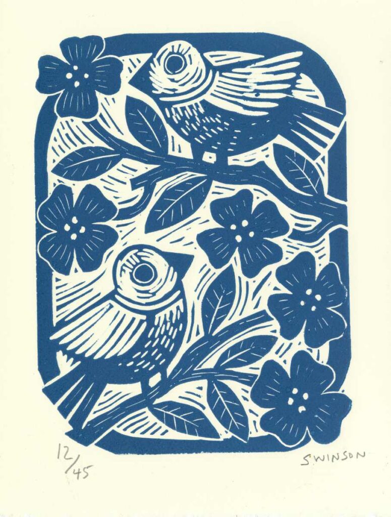 signed and numbered linocut print by kentucky artist, Ken Swinson. The linocut depicts two birds in flowering tree branches