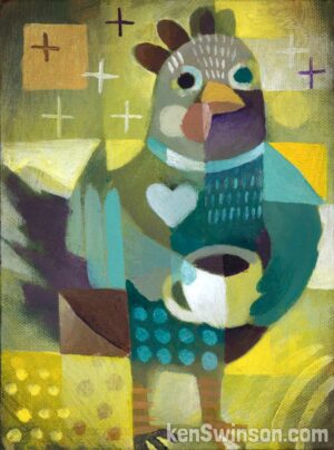 folk art style abstract painting of a chicken with a coffee cup