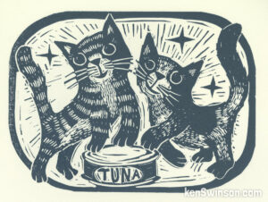 linocut of two cats standing over an unopened can of tuna- hand carved by kentucky artist, Ken Swinson