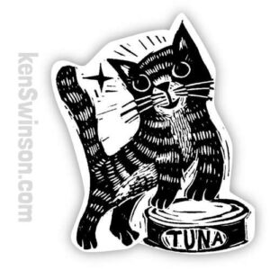 sticker by kentucky artist Ken Swinson depicting a cat standing on a can of tuna