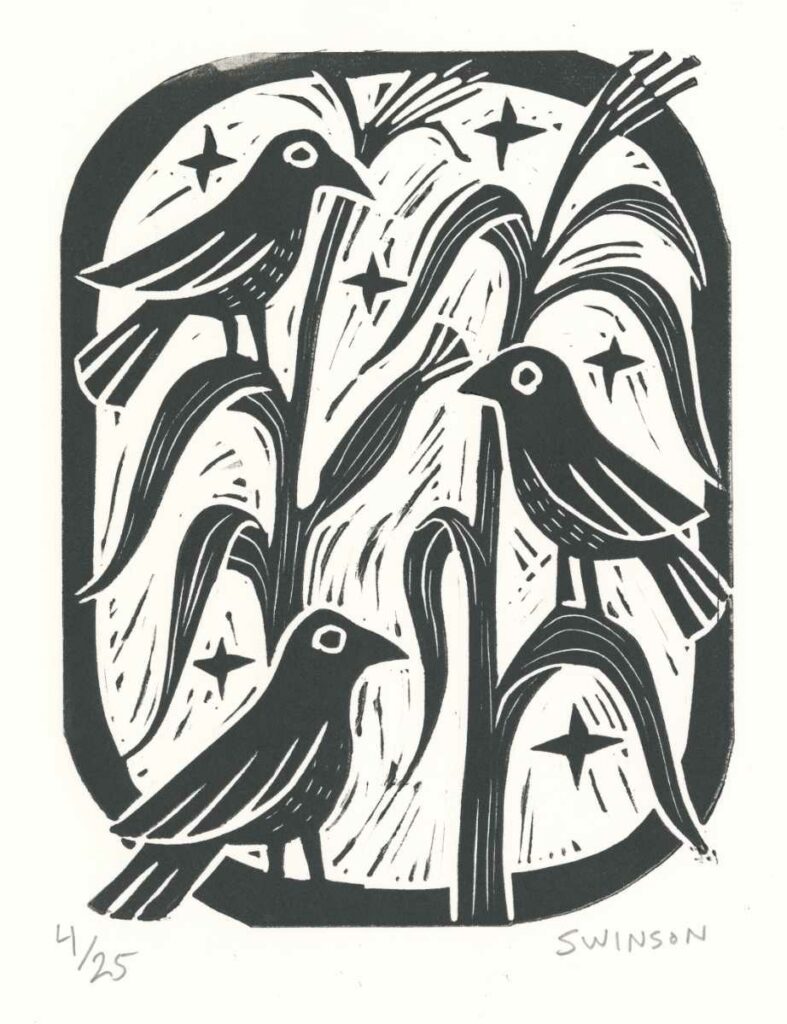 hand made linocut by kentucky artist ken swinson. the art depicts a group of crows perched on corn stalks