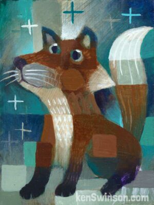 Folk Art abstract style painting of a fox standing under stars