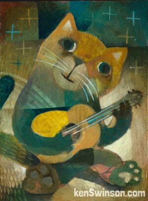 folk art abstract style painting of a cat playing a guitar