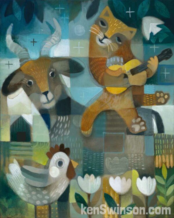 folk art abstract style acrylic painting of a cat riding a goat, playing guitar. a chicken and flowers are in the foreground