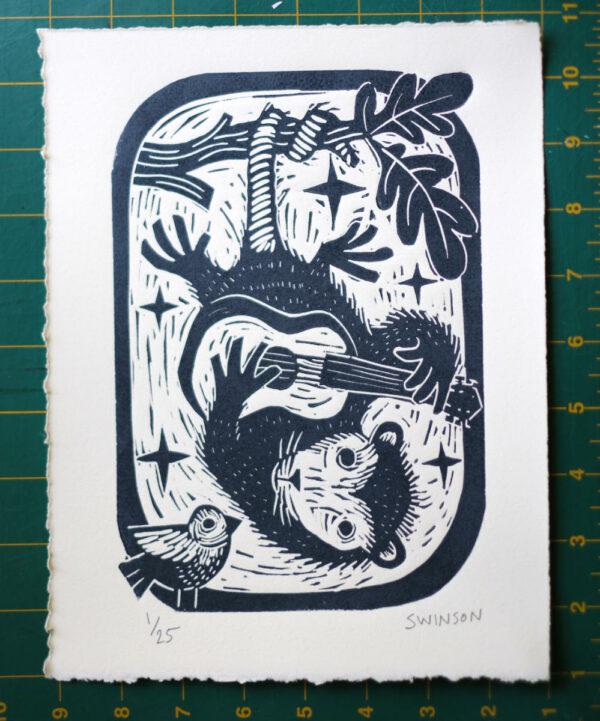 folk art linocut print of an opossum hanging upside down, playing a guitar