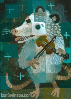 abstract folk art style painting by kentucky artist, Ken Swinson - portraying an opossum playing a fiddle at night