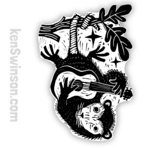 sticker by kentucky artist Ken Swinson depicting an opossum hanging upside down playing a guitar