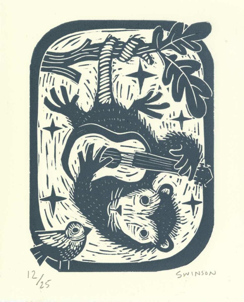 linocut print by kentucky artist ken swinson-the print depicts an opossum hanging upside down playing a guitar