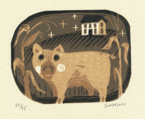 Reduction Linocut by Kentucky artist, Ken Swinson. The design is a pig standing in a corn field with a house in the background.