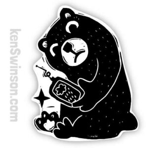 sticker by kentucky artist Ken Swinson depicting a sad bear looking at a cell phone with a raincloud