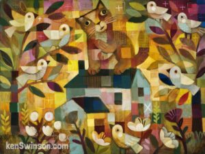 folk art abstract style acrylic painting of a cat sitting on the roof of a house, surrounded by birds and trees and flowers