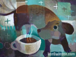 folk art abstract style painting of a weiner dog drinking coffee from a cup