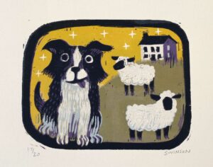 woodcut by kentucky artist, ken swinson. the design is a border collie with 2 sheep and a house in the background